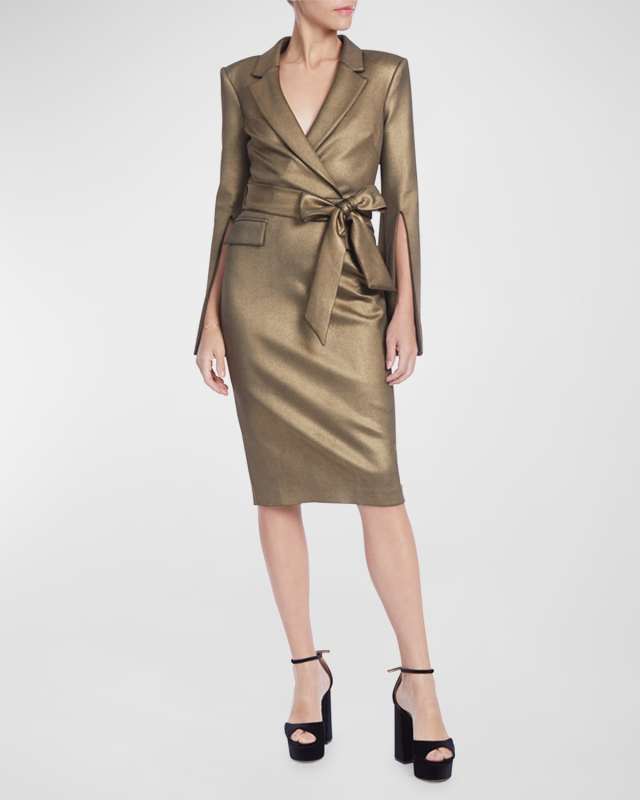 Split-Sleeve Metallic Scuba Midi Dress